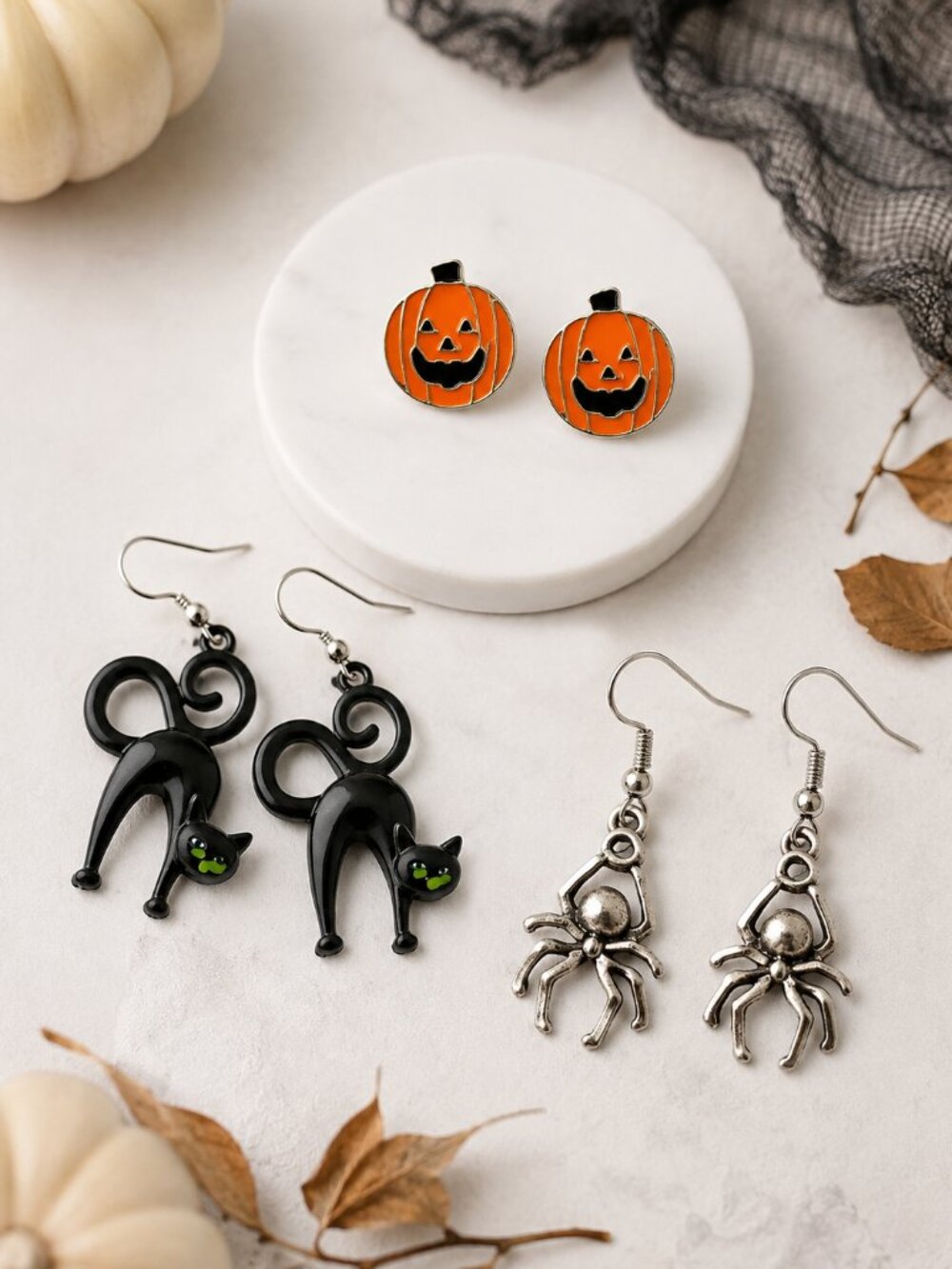 Halloween Earrings Set 3 Pairs Pumpkin Black Cat Spider